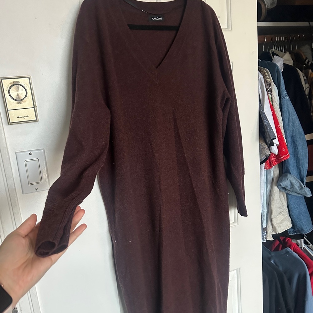 NAADAM cashmere chocolate brown Long Sleeve V-Neck Sweater Dress for Casual Work
